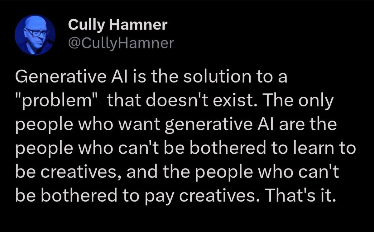 This is what needed to be said! 👇👇👇👇 <a href="/nunosarnadas/">Nuno Sarnadas</a> <a href="/GlynnTarrant/">Glynn Tarrant 🇺🇲✏️🟥🟪🟦</a> <a href="/Rahll/">Reid Southen</a> <a href="/kortizart/">Karla Ortiz</a> <a href="/JonLamArt/">Jon Lam #CreateDontScrape</a> @RustyBoyStudios @The_Row_House <a href="/Cara_HQ/">Cara App</a> <a href="/AdeptAdaptor/">Charlie #NoAI @adeptadaptor.bsky.social</a> <a href="/Romain_HurayArt/">Romain Huray</a> <a href="/palomamcclain/">Paloma McClain</a> <a href="/JustineBateman/">Justine Bateman</a> <a href="/dreamosaurus/">Rick the rabble-rousing Luddite, 🚫AI</a> @CoreyBrickley @CullyHamner <a href="/jartist00/">j the artist</a>