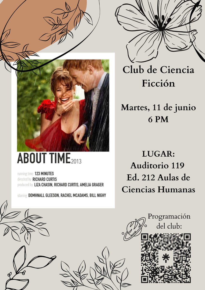 El Club de Ciencia Ficción UN no se detiene, volvemos con programación extra este semestre. 
Empezamos con esta linda película sobre el amor, la cotidianidad y los viajes en el tiempo, acompáñenos este martes a verla y así dar inicio a este nuevo ciclo 
🩷⏰