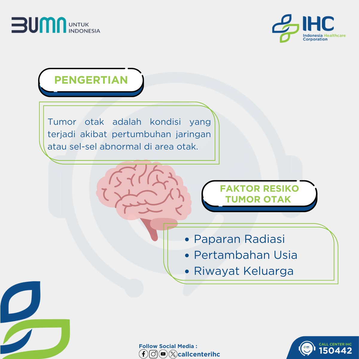 callcenterihc's tweet photo. Tumor otak dapat muncul dari jaringan otak itu sendiri atau disebabkan oleh penyebaran sel tumor dari bagian tubuh lain. Kenali penyakit tumor otak dan faktor resiko tumor otak. 

Telepon : 150442
Whatsapp : 0815-1515-0442
Layanan Chatbot : https://t.co/33GZgG3Wa0

#callcenterihc https://t.co/EJ0whYg9u9
