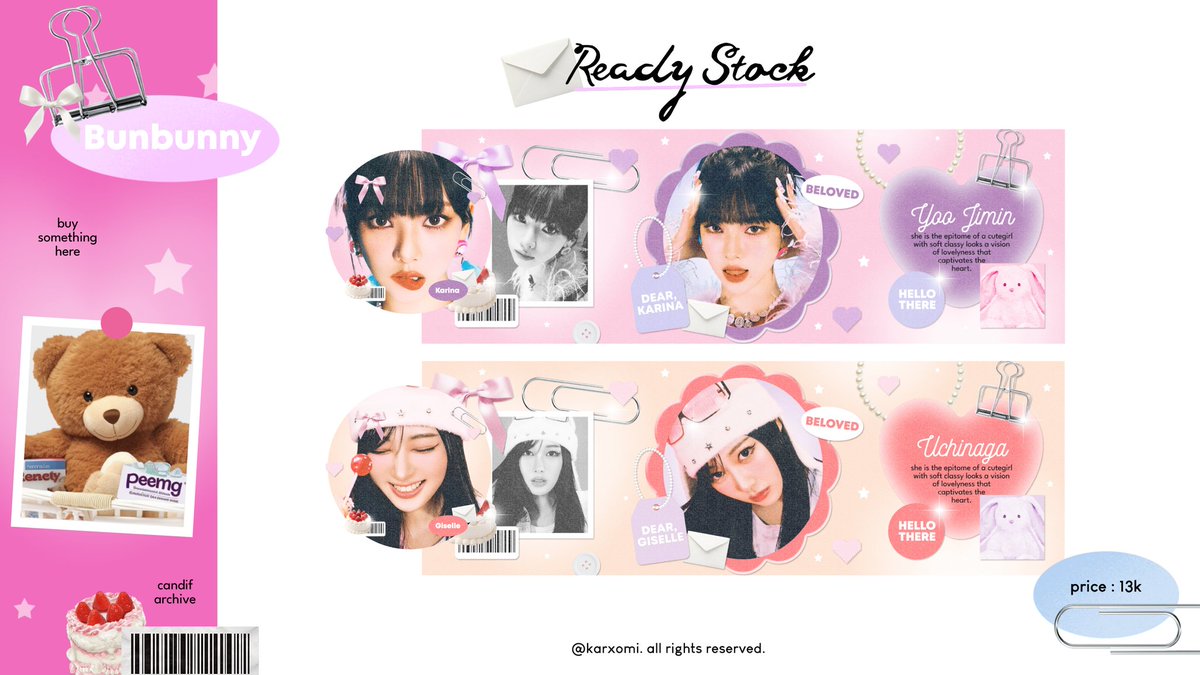 karxomi's tweet photo. help repost 🌷

hai ada layout ready stock spesial aespa yg bisa dijemput sekarang 🍡 ... pricinya 13k/each udah free retext yaaa 🍥 bisa qrissss  🩰 yuk jajankk 🎨 ... 

#zonauang #zonaba https://t.co/Y3f4yAP20u