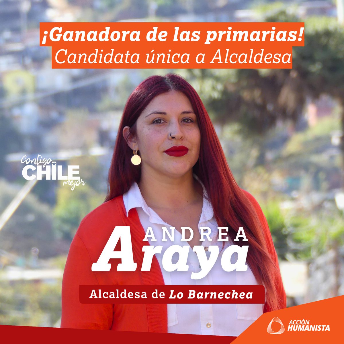 AHumanistaCL's tweet photo. 🟠 Felicitamos a nuestra amiga Andrea Araya, quien ha sido electa con el 72% de los votos en las primarias, convirtiéndose en la candidata única del pacto #ContigoChileMejor por la comuna de Lo Barnechea. ¡Todo el apoyo a Andrea para las próximas elecciones de octubre! https://t.co/rByR0MPLcA