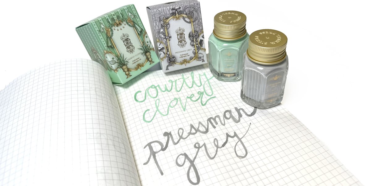 PenChalet's tweet photo. Calligraphy fans will adore these 2 new releases from Ferris Wheel Press! Courtly Clover & Pressman Grey #calligraphy inks 💦 See all of this week's NEW Ferris Wheel Press pen and ink drops: https://t.co/baSS8fc87U #FerrisWheelPress #NewInk #Ink #GetInked #Writing #CalligraphyInk https://t.co/8R6gDtnw68