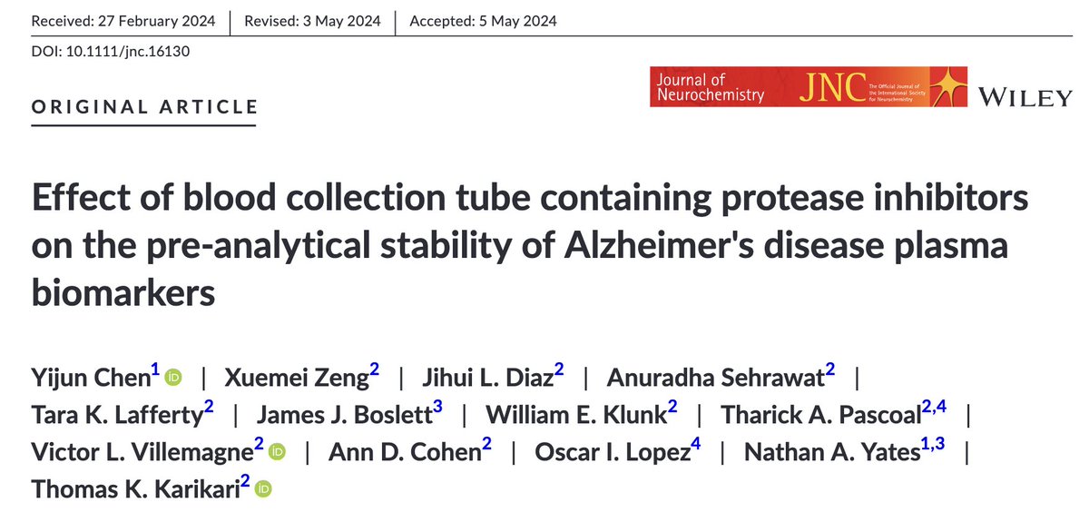 - #Alzheimer blood biomarkers are great.        
                                         
- But many centers lack resources for cold storage of blood.   

- We examined if blood tubes with protease inhibitors can stabilize plasma biomarkers at room temp.

onlinelibrary.wiley.com/doi/10.1111/jn…
