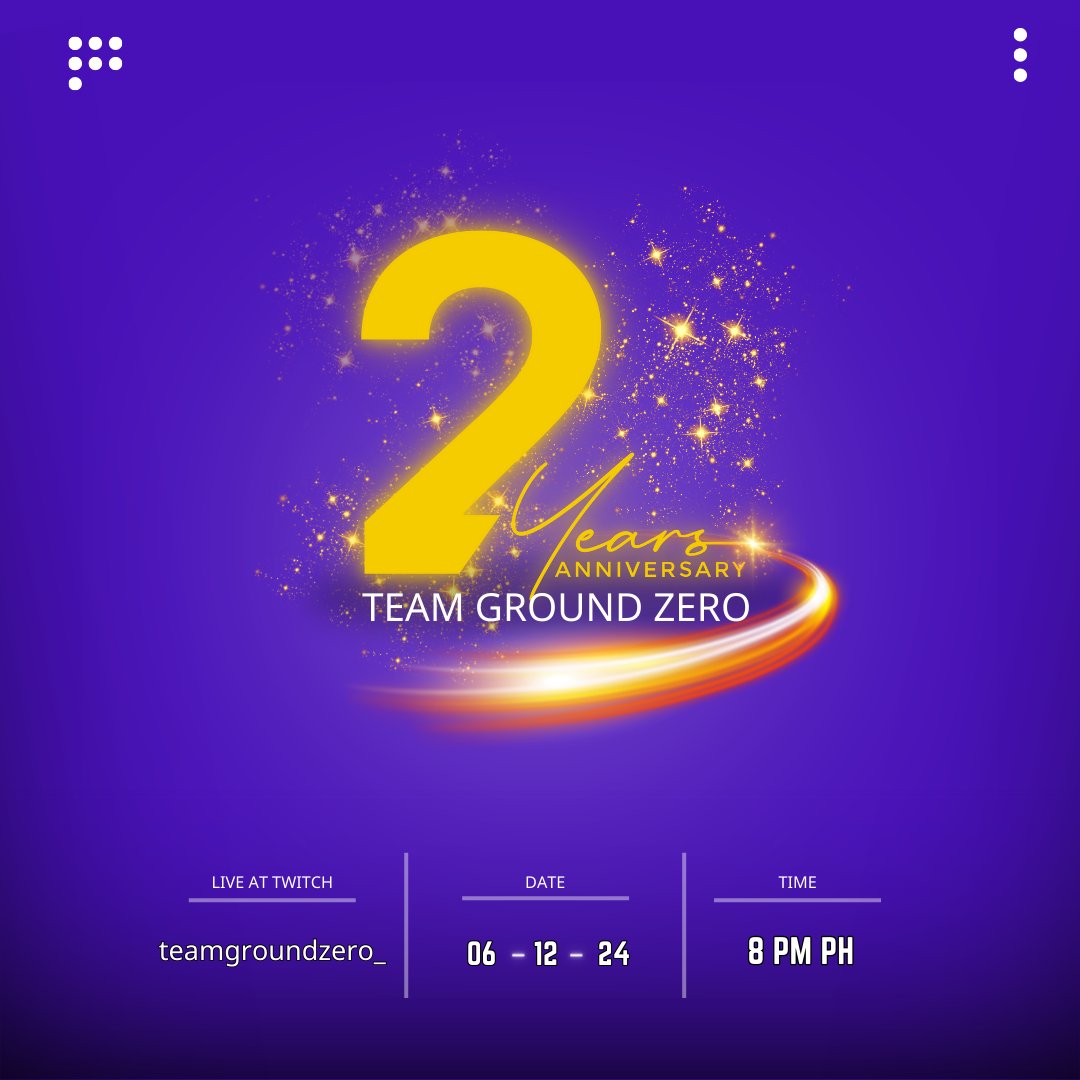 Team Ground Zero is celebrating it's 2nd year in the gaming community! We're glad to reach this milestone and get an opportunity to meet lots of amazing people. Join us as we stream on June 12, 2024 at 8 p.m. MNL Time.💜💛

Streaming here: twitch.tv/teamgroundzero_