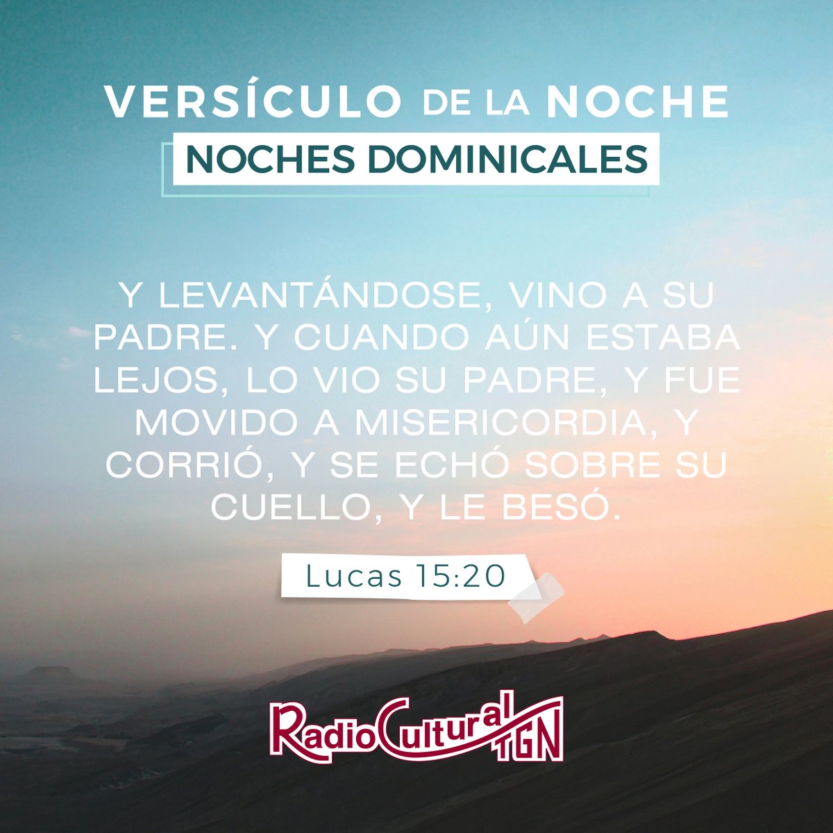 RadioCultural's tweet photo. 📖 El versículo de la noche en #NochesDominicales:

"Y levantándose, vino a su padre. Y cuando aún estaba lejos, lo vio su padre, y fue movido a misericordia, y corrió, y se echó sobre su cuello, y le besó." Lucas 15:20 https://t.co/DC0dDSR5F8
