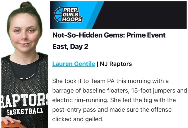 NJ Raptors Basketball (@raptors_nj) on Twitter photo Thank you @EjayArrow and <a href="/PGHNewJersey/">Prep Girls Hoops New Jersey</a> for highlighting 2025 Lauren Gentile (<a href="/LaurenGentile17/">Lauren Gentile</a>)
Be sure to check her out and the rest of the 17U NJ Raptors E40 team out in Kentucky in July. Thank you @EjayArrow and <a href="/PGHNewJersey/">Prep Girls Hoops New Jersey</a> for highlighting 2025 Lauren Gentile (<a href="/LaurenGentile17/">Lauren Gentile</a>)
Be sure to check her out and the rest of the 17U NJ Raptors E40 team out in Kentucky in July.