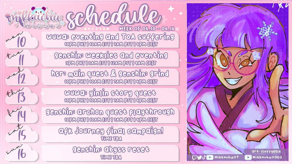 mikkachuVT's tweet photo. 🌸 STREAM SCHEDULE (06.10 - 06.16) 🌸

I'm back! Streams will start with AFK Journey until Saturday! Join the campaign to get a chance to win a gacha monthly pass of your choice!

Stream: #KkachuLIVE
Art: #MikkARTchu
Memes/Redraws: #MEMEkkachu
NSFW: #KkachuIn4K
Clips: #Clipkkachu https://t.co/tcK05E5bXS