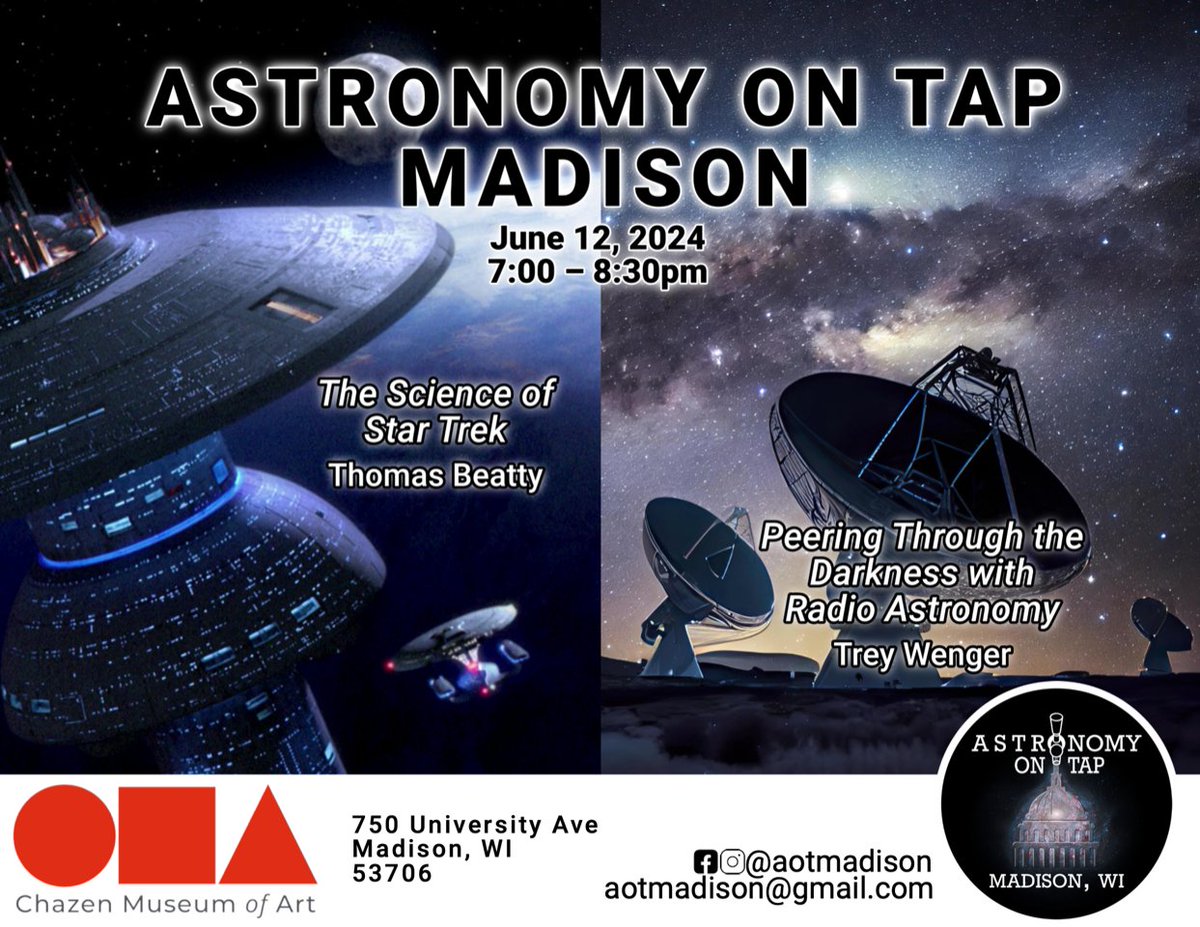 Also this week at #AAS244: a special edition of Astronomy on Tap - Wednesday June 12th at 7pm at the Chazen Art Museum! More info: astronomyontap.org/event/aotmadis… (and yes, the museum will be open so you can look at art during intermission!)