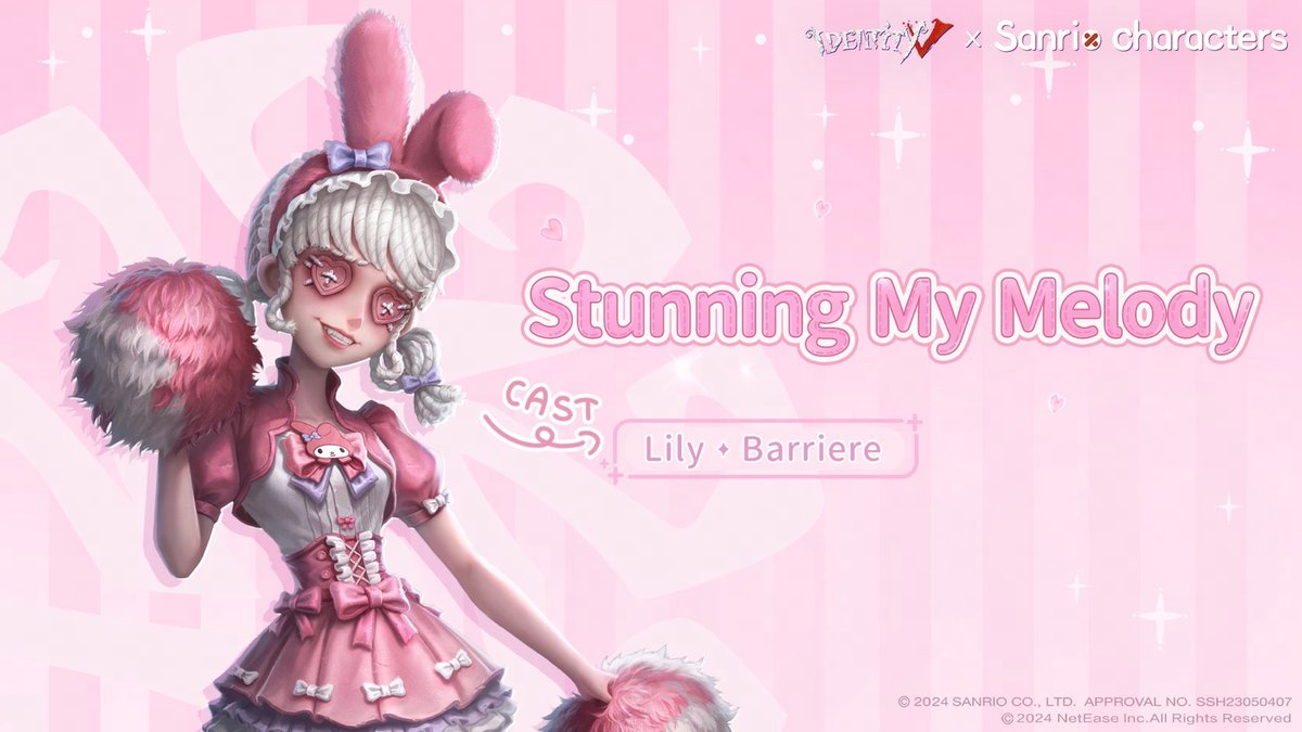 GameIdentityV's tweet photo. Identity V x Sanrio characters Crossover II is about to Start！
It's almost time for the Manor's fair, and the Sanrio characters have sent visitors a lot of gifts this time.
The Cheerleader will be wearing the new [A Costume] Stunning My Melody and [Accessory] My Melody's Glasses.
Dressing up in cute little dresses and adorable rabbit ears, she's ready to enjoy the fair with everyone!
#identityv
#IDVSanriocharacters