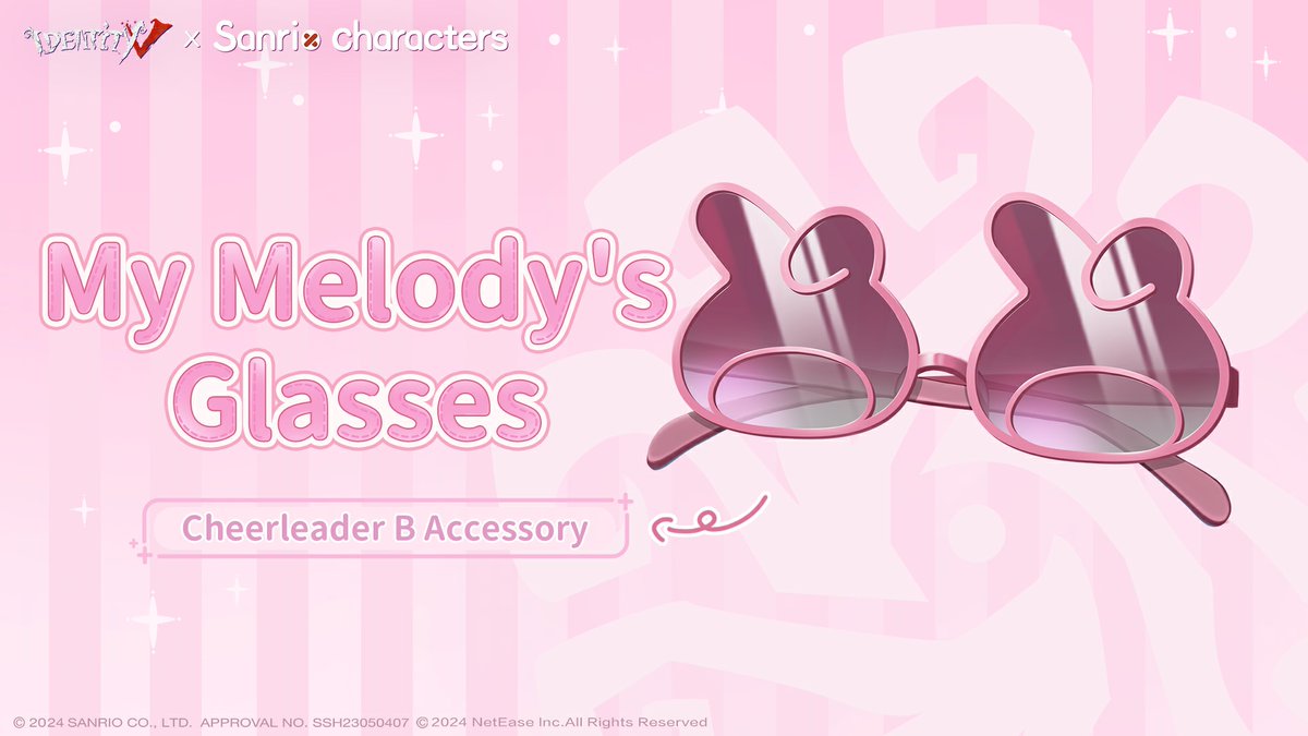 GameIdentityV's tweet photo. Identity V x Sanrio characters Crossover II is about to Start！
It's almost time for the Manor's fair, and the Sanrio characters have sent visitors a lot of gifts this time.
The Cheerleader will be wearing the new [A Costume] Stunning My Melody and [Accessory] My Melody's Glasses.
Dressing up in cute little dresses and adorable rabbit ears, she's ready to enjoy the fair with everyone!
#identityv
#IDVSanriocharacters