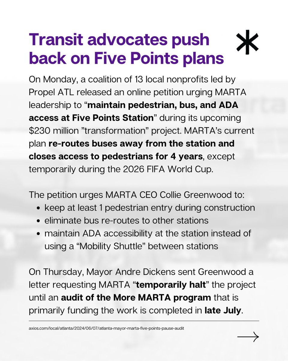 civicatlanta's tweet photo. (6/10) @letspropelatl, @disABILITYLINK, and other orgs issued a petition (https://t.co/yFcjLrpdbt) urging @MARTAtransit to keep the Five Points rail station open to buses and pedestrians, rather than closing it off for 4 years (minus 2026 @FIFAWorldCup).   https://t.co/YwYP8el7Ij https://t.co/05ZgoVFR37