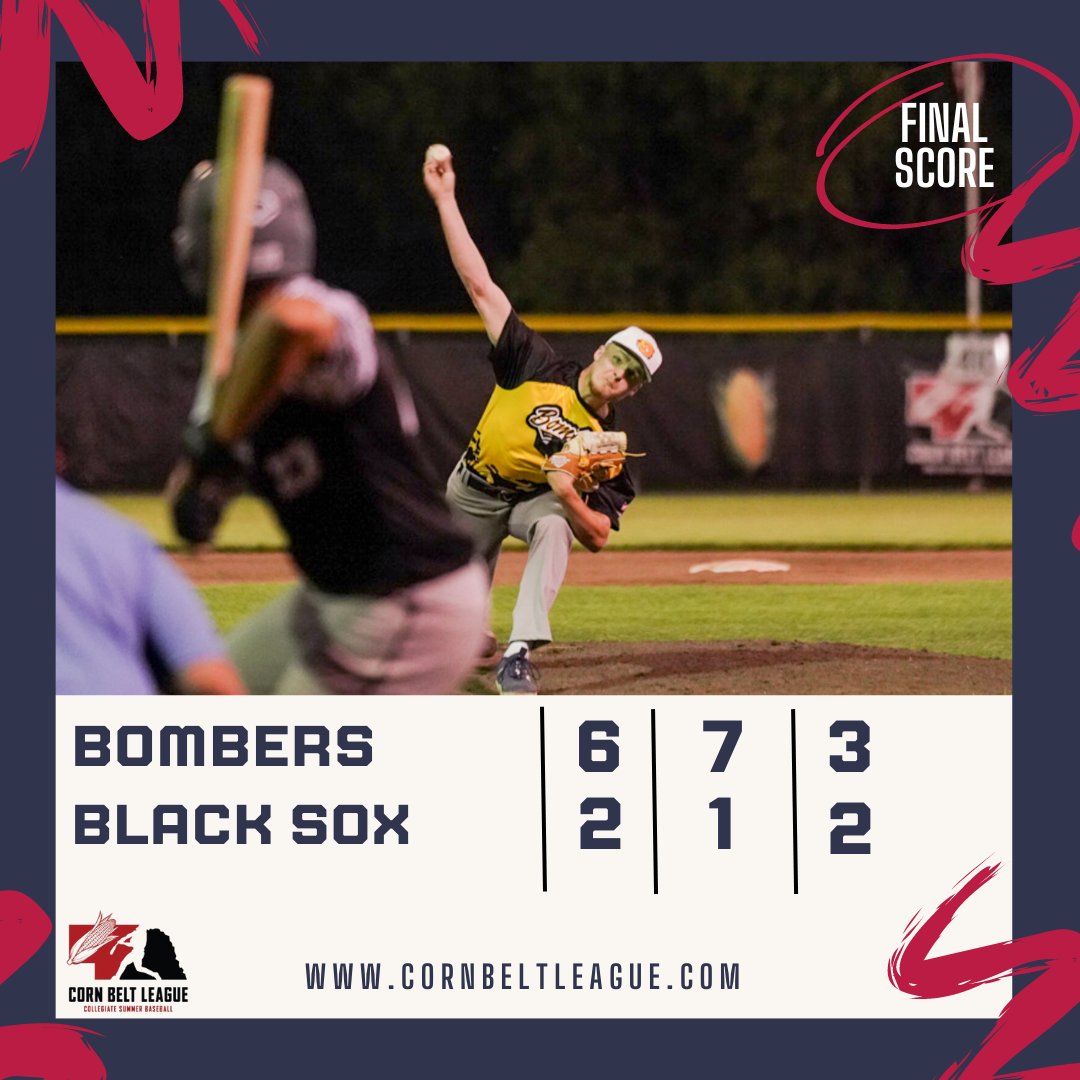 Koleson Evans goes 6 innings giving up just 1 hit to lead the Bombers past the Black Sox

FINAL
Bombers 6
Black Sox 2

Top Performers
Koleson Evans 6IP, 1R, 0ER 1H, 7K, 3BB
Marcus Perez 2-3 2B, 2RBIs
Connor Wiese 1-3 2B, 3RBIs