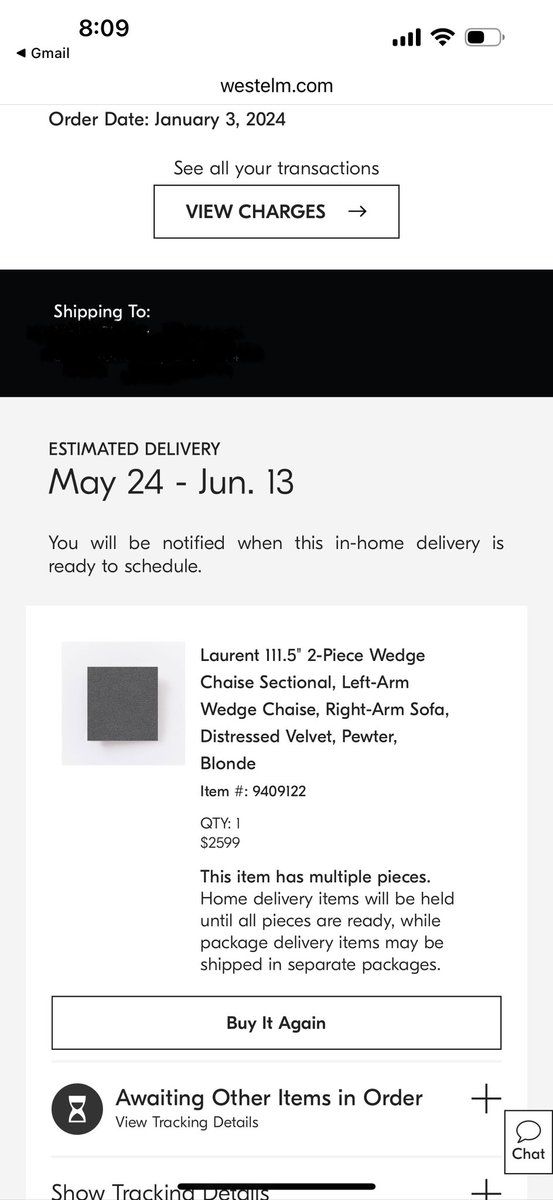 nate_chang's tweet photo. #westelm - 5+ months for a couch and no update on this delivery window... https://t.co/lGVxVlMjcu