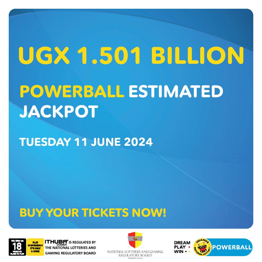 LotteryUganda's tweet photo. Ready for a life-changing win? Choose your lucky numbers and dive into the #POWERBALLl for a shot at an estimated UGX 1.501 BILLION jackpot this Tuesday! Your dream win awaits! #DreamPlayWin #UgandaNationalLottery #YourOneThing https://t.co/NTAeu17fFI