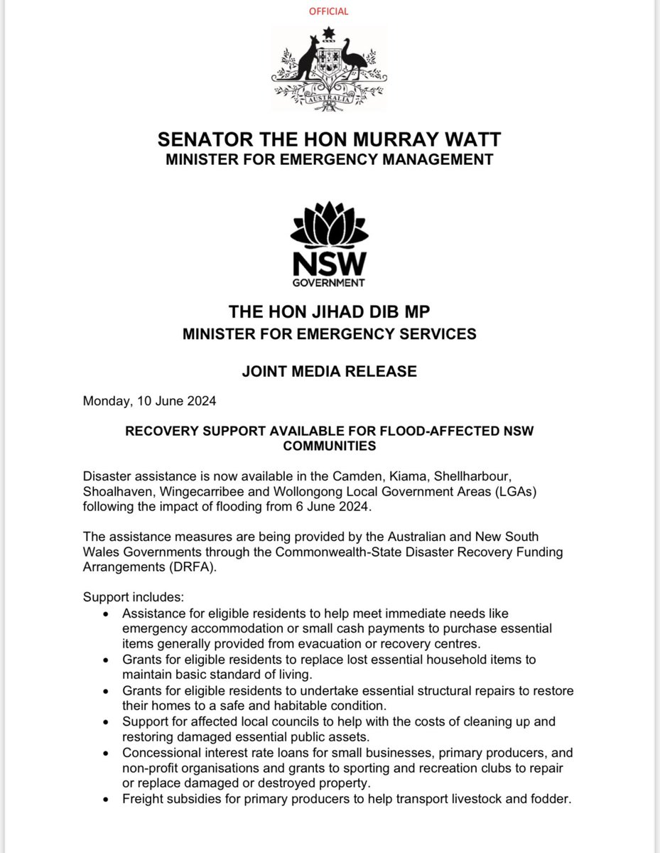 kelfuller's tweet image. Disaster assistance available for #Camden, #Kiama, #Shellharbour, #Shoalhaven, #Wingecarribee and #Wollongong - assessments on going in other areas