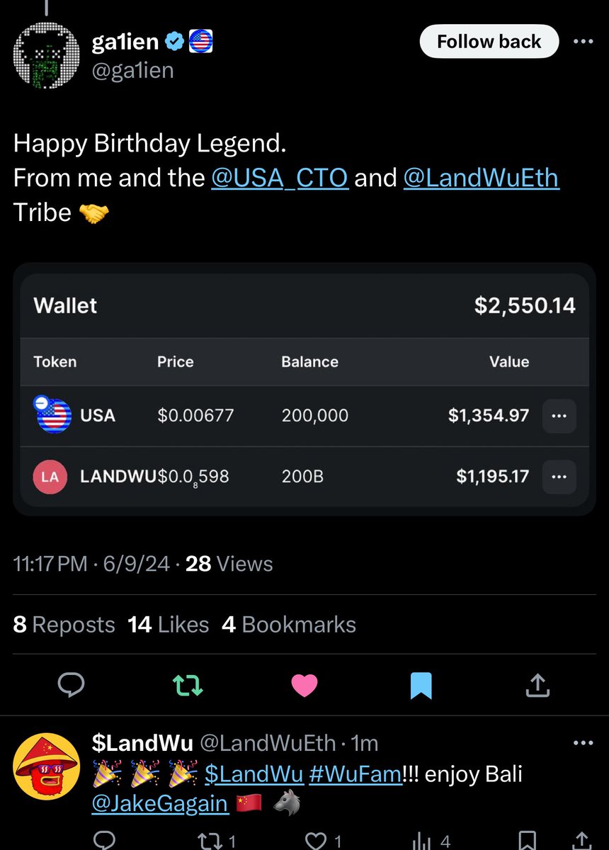 LandWuEth's tweet photo. @ga1ien an OG #WuPack member and @USA_CTO legend sending some love to @JakeGagain after he showed us some love yesterday. What goes around comes around. Happy Birthday from the #WuFam

🇨🇳 🐺 https://t.co/FpM8Eo1qPJ