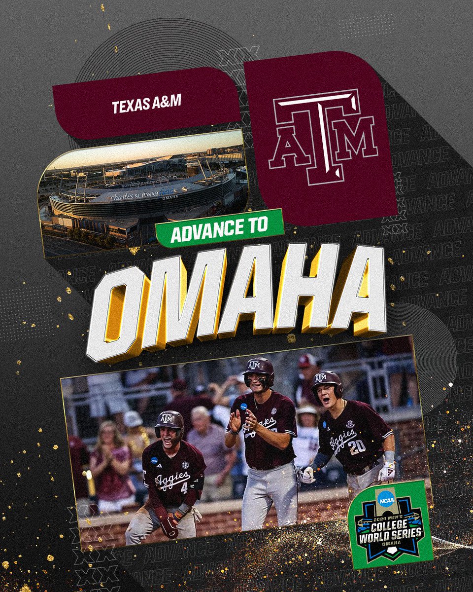 NCAA Baseball (@ncaabaseball) on Twitter photo (3) <a href="/AggieBaseball/">Texas A&M Baseball</a> advances to the #MCWS after defeating Oregon, 15-9.
#RoadToOmaha (3) <a href="/AggieBaseball/">Texas A&M Baseball</a> advances to the #MCWS after defeating Oregon, 15-9.
#RoadToOmaha