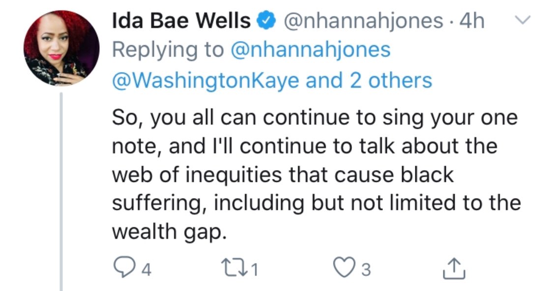 Found it.

Here’s the now deleted tweet of <a href="/nhannahjones/">Ida Bae Wells</a> diminishing reparations advocacy as “one note samba”. 

Now, however, she’s remaking herself as an expert on that “one note” &amp; exclaiming its necessity. 

Seems like she’s making that “one note” her main show.