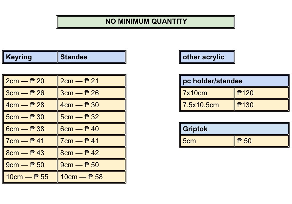 no minimum quantity acrylic is now available!

— can accommodate multiple designs
— additional payment ; changing clasp, glittered, b2b

can do different types of acrylic prints just send me a dm

carrd ; printbyflynnn.carrd.co
⭐️order form &amp; other info can be found in my carrd