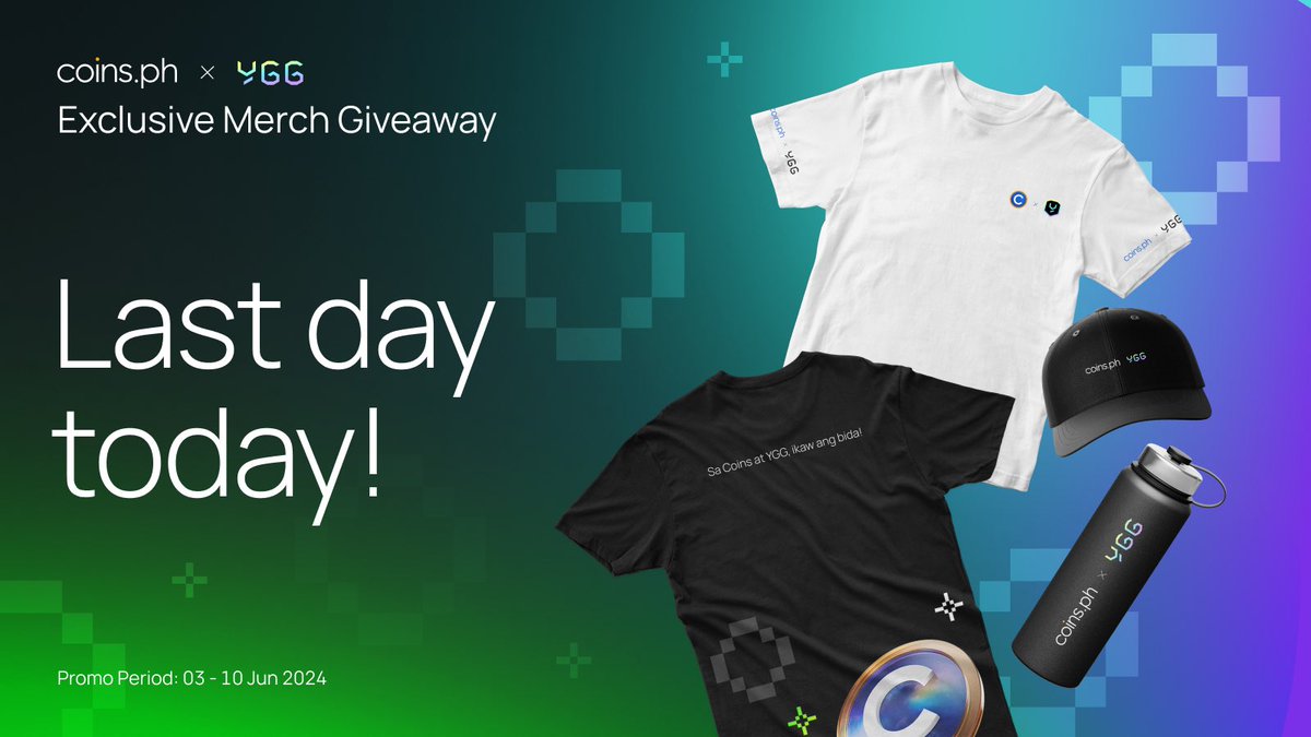 coinsph's tweet photo. ⏳ LAST CHANCE to win limited edition co-branded merch from @coinsph x @YieldGuild 

1️⃣ Identity Verify your Coins account 
2️⃣ Complete the Gleam tasks 👉🏻 https://t.co/iRuGvYzn8W

10 winners to be announced on June 24, 2024. Get your entries in now! 👕🧢 

#CoinsPH #WeAreYGG #GiveawayPH #togetherweplay