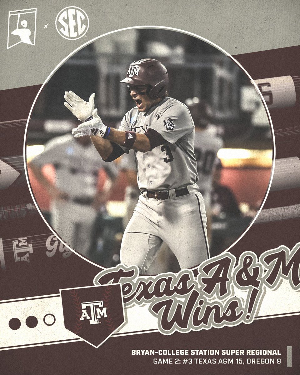 SEC's tweet photo. OMAHA BOUND 🚨

No. 3 @AggieBaseball explodes for 15 runs in Game 2 of the Bryan-College Station Regional to down Oregon and advance to the #MCWS!

@NCAABaseball x #ItJustMeansMore