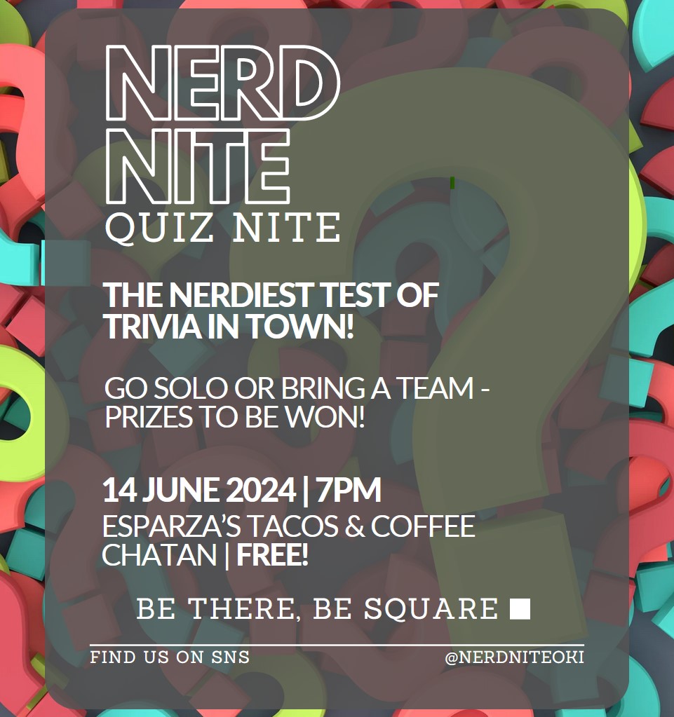 🧠🔍 Ready for the toughest trivia in town? Join Nerd Nite Okinawa on Fri, June 14th at Esparza's Tacos and Coffee! 🌮
🏆 Bring your A-game and WIN PRIZES! 📅🎉 #NerdNiteOkinawa #TriviaNight
