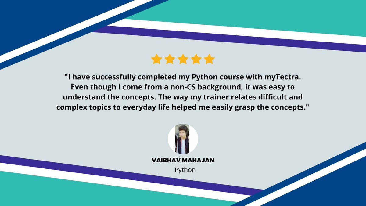 mytectra's tweet photo. Thank you, Vaibhav Mahajan, for your kind words! We're delighted that you found our Python course valuable. We appreciate your feedback and dedication to learning with myTectra!

#myTectraPythonReview #PythonLearning #PythonCourseReview #Python #myTectra https://t.co/mh1YtLh8Kc