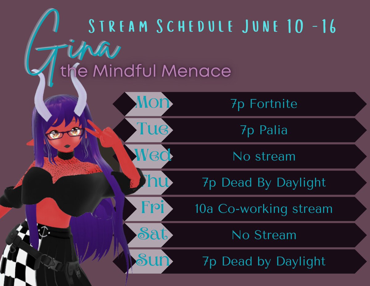 GinaMindful's tweet image. Just wrapped up another great stream, ending with some fun in #deadbydaylight! Here's a look at this week's schedule. See you all tomorrow night! 🎮✨ #StreamingSchedule #GamingCommunity