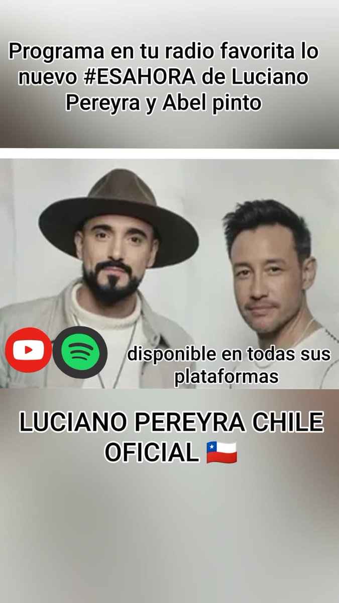 danyc (@dannycp_1) on Twitter photo Hoy nos motivamos con #EsAhora de <a href="/abelpintos/">ABEL</a> y <a href="/LucianoPereyra/">Luciano Pereyra</a> <a href="/LPereyrachile/">LPereyraChileFcoficial💙</a> <a href="/umusicchile/">Universal Music Chile</a> @radiodisneychile <a href="/radiocorazonfm/">Radio Corazón FM</a> <a href="/fmdos/">FMDOS</a> <a href="/radiopudahuel/">Radio Pudahuel</a> <a href="/radiofiessta/">Radio Fiessta</a> <a href="/radiocautiva/">Radio Cautiva 101.3</a> <a href="/sonymusicchile/">Sony Music Chile</a>
@sonymusicargentina <a href="/plandivinogroup/">plandivino</a> #EsAhora #LucianoPereyraAViña2025 Hoy nos motivamos con #EsAhora de <a href="/abelpintos/">ABEL</a> y <a href="/LucianoPereyra/">Luciano Pereyra</a> <a href="/LPereyrachile/">LPereyraChileFcoficial💙</a> <a href="/umusicchile/">Universal Music Chile</a> @radiodisneychile <a href="/radiocorazonfm/">Radio Corazón FM</a> <a href="/fmdos/">FMDOS</a> <a href="/radiopudahuel/">Radio Pudahuel</a> <a href="/radiofiessta/">Radio Fiessta</a> <a href="/radiocautiva/">Radio Cautiva 101.3</a> <a href="/sonymusicchile/">Sony Music Chile</a>
@sonymusicargentina <a href="/plandivinogroup/">plandivino</a> #EsAhora #LucianoPereyraAViña2025