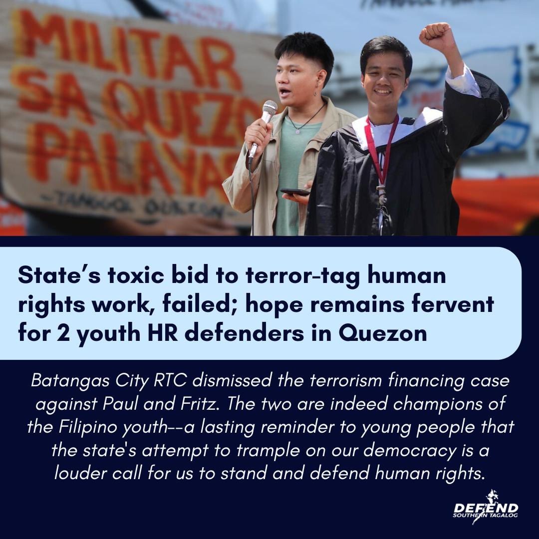 With another dismissed complaint in favor of human rights defenders, Paul and Fritz, this merely shows that the state's toxic attempts to brand us as terrorists are baseless, because human rights work is not terrorism. 

Read Statement: facebook.com/share/1Kq1PJj5…

#JunkTerrorLaw
