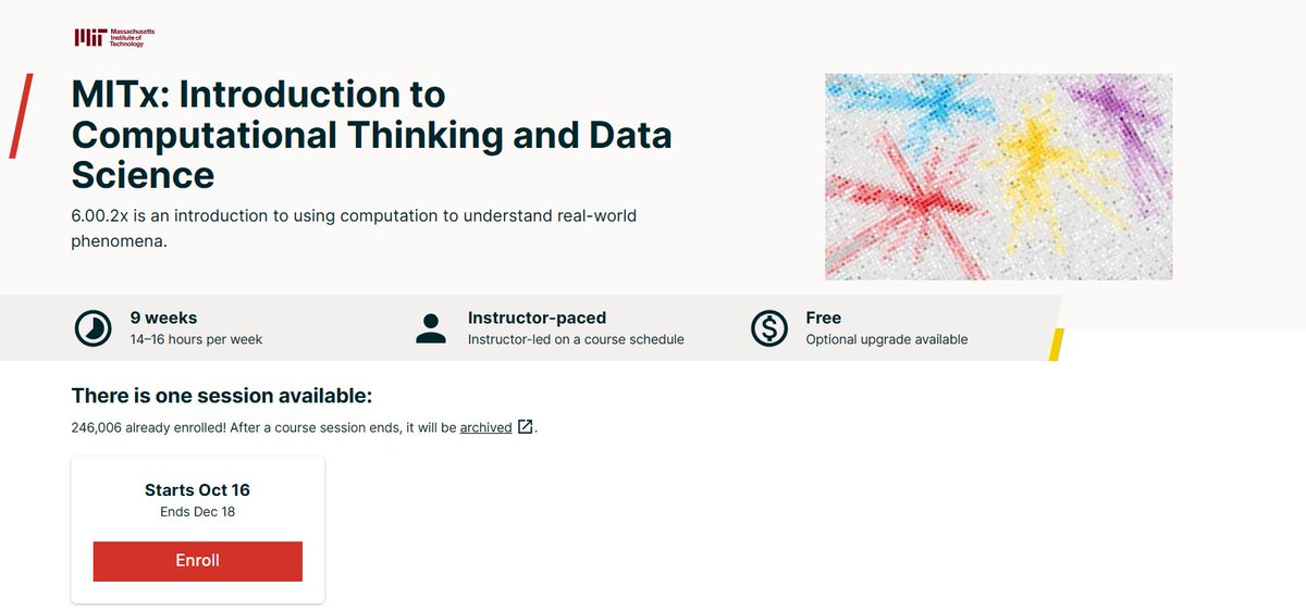 ginacostag_'s tweet photo. 2. Introduction to Computational Thinking and Data Science

What you'll learn:

- Plotting with the pylab package
- Stochastic programming and statistical thinking
- Monte Carlo simulations

https://t.co/RW20pQjH6f https://t.co/q5j2iR9Opu