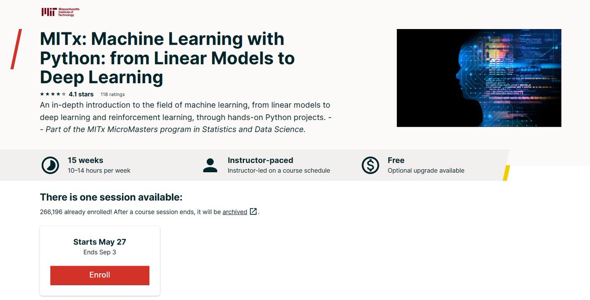 ginacostag_'s tweet photo. 3. Machine Learning with Python

What you'll learn:

- Machine learning problem principles
- Implement and analyze models
- Choosing suitable models for different applications
- Implement and organize ML projects

https://t.co/JXLPegsrSu https://t.co/YWMgFBkIE1