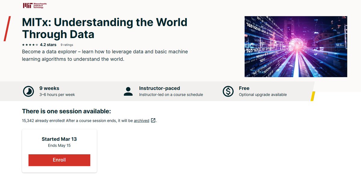 ginacostag_'s tweet photo. 5. Understanding the World Through Data

 What you'll learn:

- Python programming
- Dependent and independent variables
- Coming up with relationships between data
- Recognize how data is distributed

https://t.co/MxONUtfIHS https://t.co/8qHL5vlavj