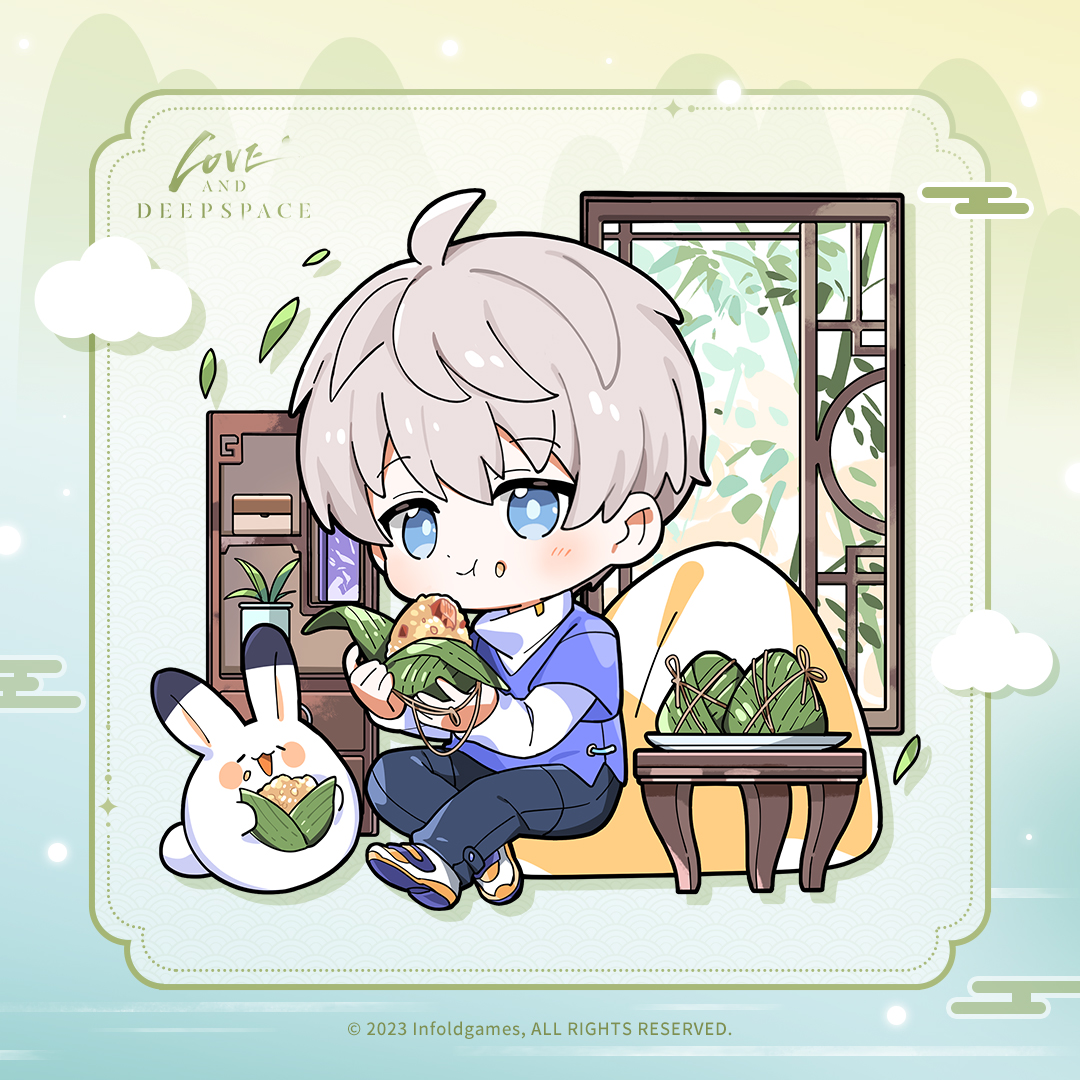 Love_Deepspace's tweet photo. Zongzi is already cooked and waiting for you in the pot! It's time to enjoy it~
Can you guess what kind of Zongzi is in his hand? Hunters, have a taste and you'll know><

■ Photo Stickers & Diamonds
To claim the rewards, you can tap on your avatar in-game and find [Settings] - [More] - [Redeem Code], and enter [ZONGZI] to claim [Diamond*200], [Gold*10000], [Stamina*100], [Speedup Cube*1], [Bottle of Wishes: R*10], Stickers: [Salty Zongzi], [Sweet Zongzi] and [Glutinous Zongzi]!

*Stickers can be used in the photo feature in-game. The redeem code expires on Jun. 16, at 23:59 (UTC+8). Remember to redeem it.

#LoveandDeepspace