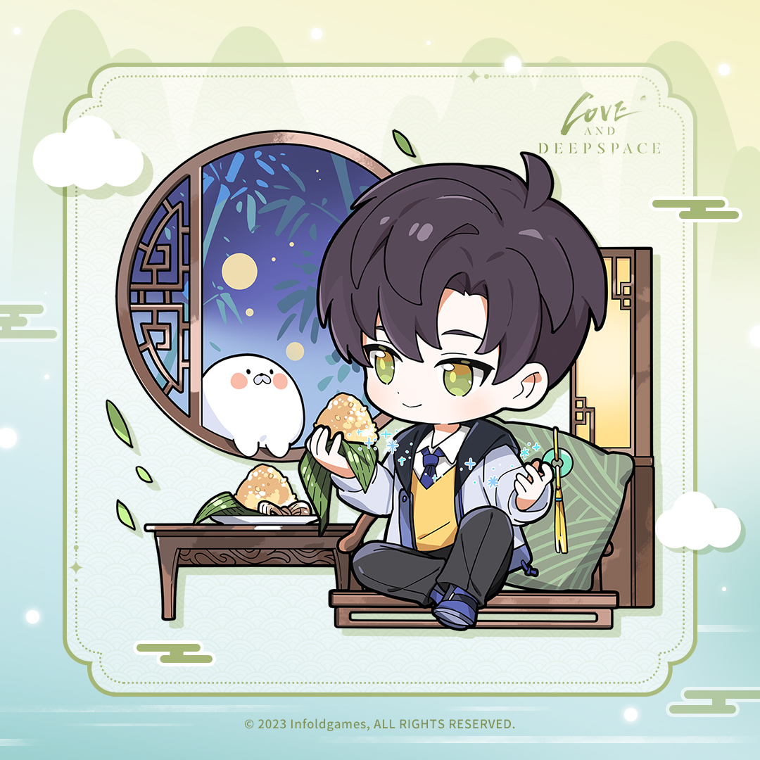 Love_Deepspace's tweet photo. Zongzi is already cooked and waiting for you in the pot! It's time to enjoy it~
Can you guess what kind of Zongzi is in his hand? Hunters, have a taste and you'll know><

■ Photo Stickers & Diamonds
To claim the rewards, you can tap on your avatar in-game and find [Settings] - [More] - [Redeem Code], and enter [ZONGZI] to claim [Diamond*200], [Gold*10000], [Stamina*100], [Speedup Cube*1], [Bottle of Wishes: R*10], Stickers: [Salty Zongzi], [Sweet Zongzi] and [Glutinous Zongzi]!

*Stickers can be used in the photo feature in-game. The redeem code expires on Jun. 16, at 23:59 (UTC+8). Remember to redeem it.

#LoveandDeepspace