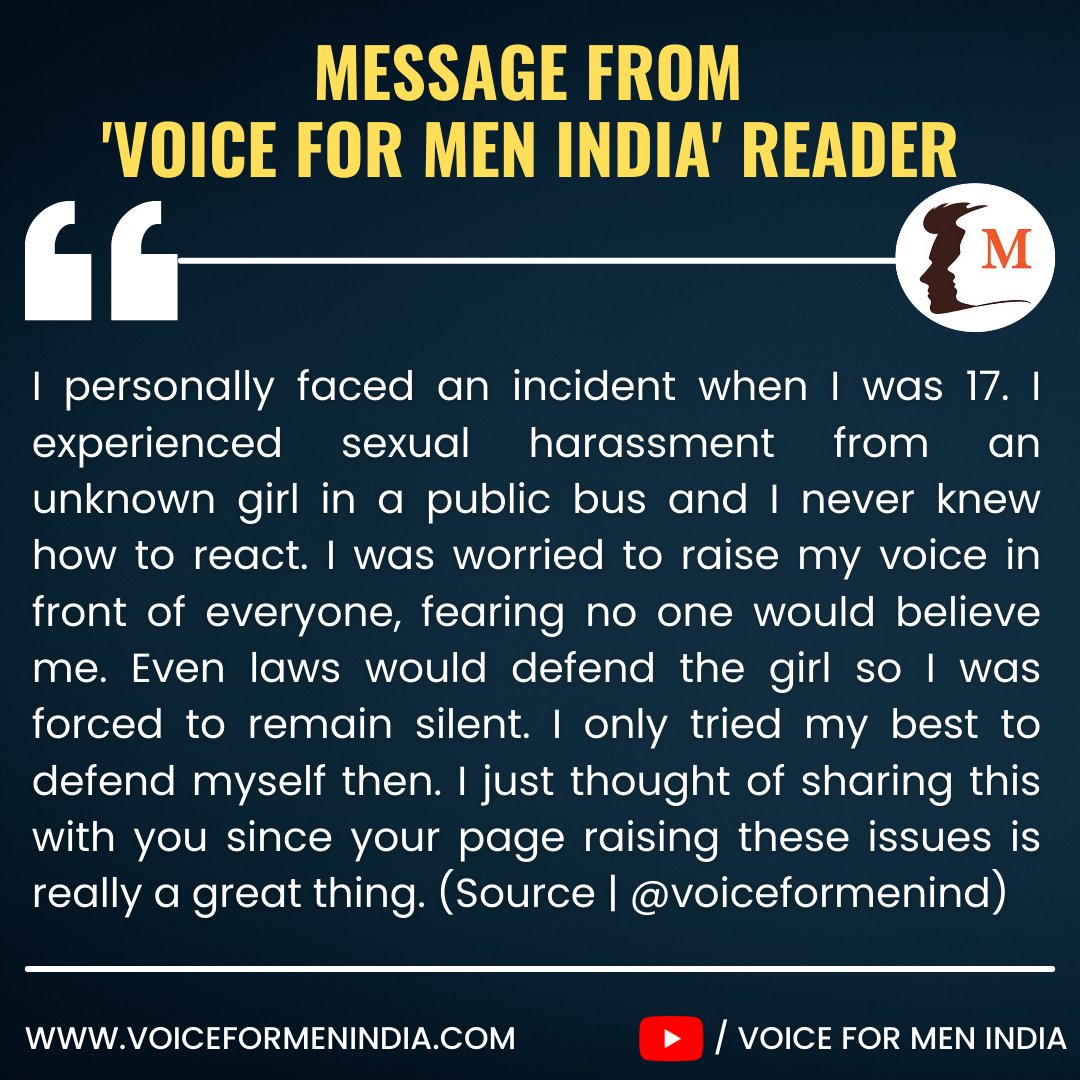 voiceformenind's tweet photo. "I experienced sexual harassment from an unknown girl in public bus..."

#VoiceForMen https://t.co/E2idSMtyzz