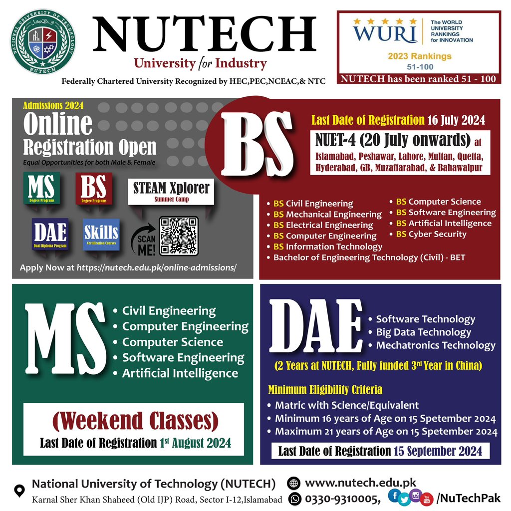 National University of Technology, (NUTECH) has started online registration for the series of entry tests, NUET-IV for UG Admissions Fall 2024.

Click here to apply nutech.edu.pk/admsns/online-…
For further information or query, please contact us via email, WhatsApp or telephone.