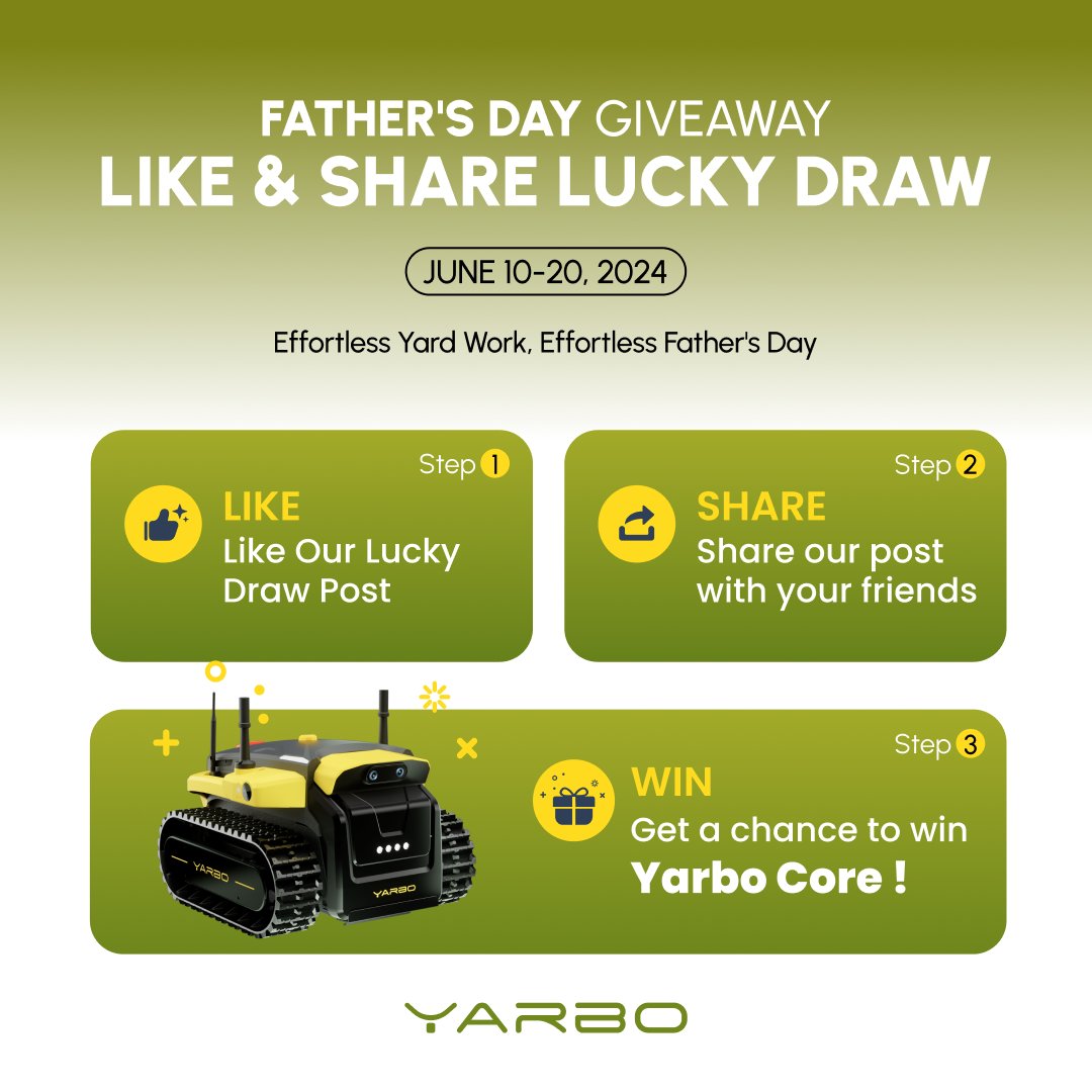 yarboglobal's tweet photo. 🎉 Father's Day Giveaway Alert! 🎉
Father's Day is coming up! Are you considering treating your dad or yourself to a Yarbo for yard care chores like lawn mowing, leaf blowing, or snow clearing? Now’s your chance! ✨ Join our "Like & Share Lucky Draw" to win a Yarbo Core.
How to Enter:
Step 1: Follow us @Yarbo (@yarboglobal)
Step 2: Like this post 👍
Step 3: Share this post on your page or with your friends
🏆 The winner will be announced on June 20, 2024, through our official channel.
🎊 But that’s not all! We’re also offering a Free Lawn Mower Module, free batteries, big coupons, and exclusive merchandise. 🎁 Click here to unlock more Father’s Day exclusive campaigns: [https://t.co/JodNwEhILQ] 🔗
🌟 Perfect Yard Partner for the Perfect Dad. This Father's Day, let your father enjoy the ease of yard work with Yarbo! 🌿👨👧👦
#Yarbo #YarboCore #FathersDay #Giveaway #LawnCare #YardWork #LuckyDraw #PerfectGift #CelebrateDad