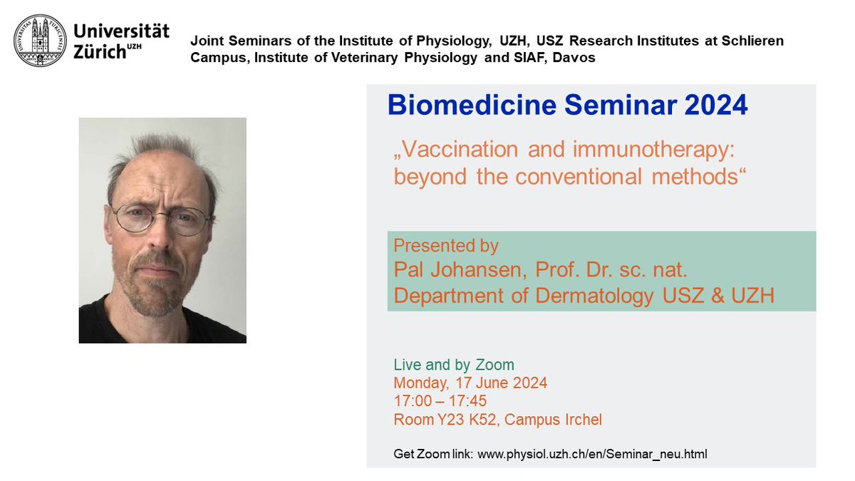 On 17 June, we welcome Pal Johansen from Department of Dermatology at USZ &amp; UZH in the Biomedicine Seminar Series at @uzh_en.

This joint seminar is hosted by @mikadolab and open to all!

Zoom link: uzh.zoom.us/j/65110053450?…