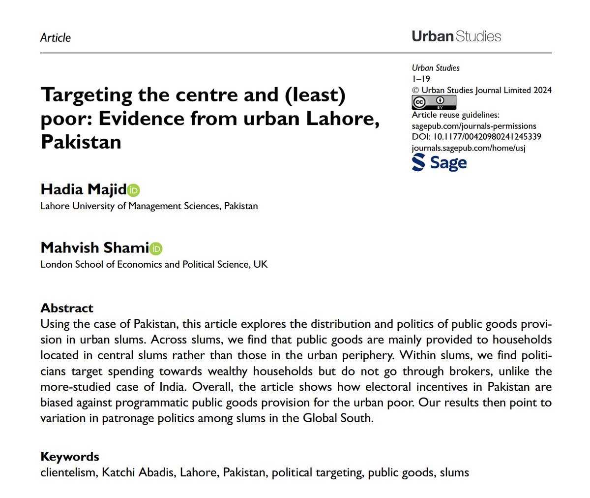 USJ_online's tweet image. New research by Hadia Majid and Mahvish Shami shows how electoral incentives in Pakistan are biased against programmatic public goods provision for the urban poor 
ow.ly/wih050S2GrV 
#KatchiAbadis #clientelism #slums