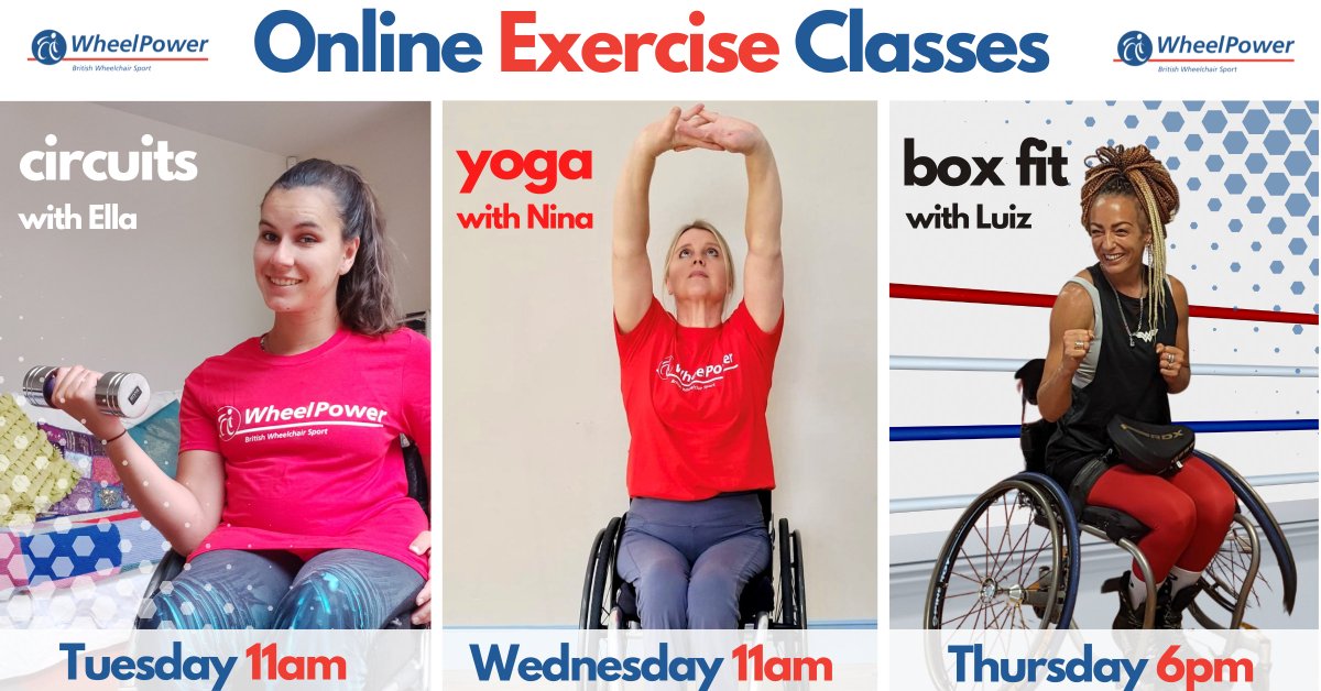 wheelpower's tweet photo. Get Active this June with 3️⃣ FREE #OnlineExercise Classes from WheelPower LIVE on Zoom this week!
💪 Tuesday 11am Circuits with Ella
🙏 Wednesday 11am Yoga with Nina
🥊 Thursday 6pm Adaptive Box Fit with Luiz
🎟️ https://t.co/P8QKl4hB94 https://t.co/KFM9EYiUyN