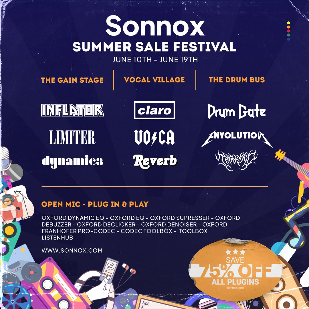 📢 You are officially invited to...

🎶 The Sonnox Summer Sale Festival! 🪩

All Plugins are at 75% off until the 19th June, so make sure to fill your b̶o̶o̶t̶s̶ wellies with discounted goodness. 

sonnox.com