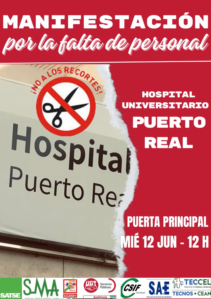 SaeAndalucia's tweet photo. 📍Hospital Universitario Puerto Real.

📌 Miércoles 12 de Junio, a las 12:00,  Entrada Principal.

📢 La Junta de Personal del #HUPR convoca una concentración masiva por la falta de personal.

#SomosLasManosQueTeCuidan https://t.co/6mmV3pHGxg