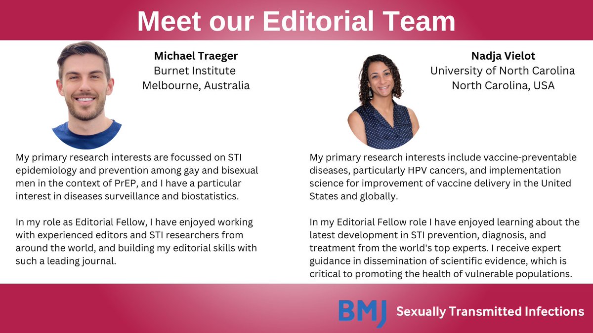 Introducing two of <a href="/STI_BMJ/">STI_BMJ</a>'s Editorial Fellows: <a href="/michael_traeger/">Michael Traeger</a> and Nadja Vielot. 

Thank you for your valuable contributions to our journal and the STI field.