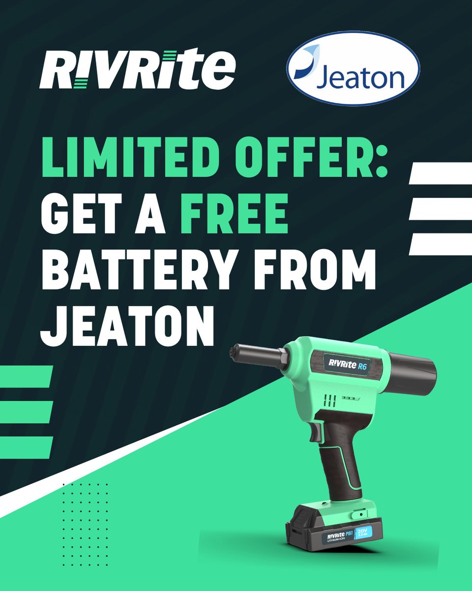 RivRite's tweet image. This June, buy a RivRite R6 from our partner Jeaton and get a FREE battery! ⚡🔋

Offer ends 30th June. Don&apos;t miss out! Visit: bit.ly/448BzWN

#RivetingTools #Tools #LimitedTimeOffer #EcoFriendly