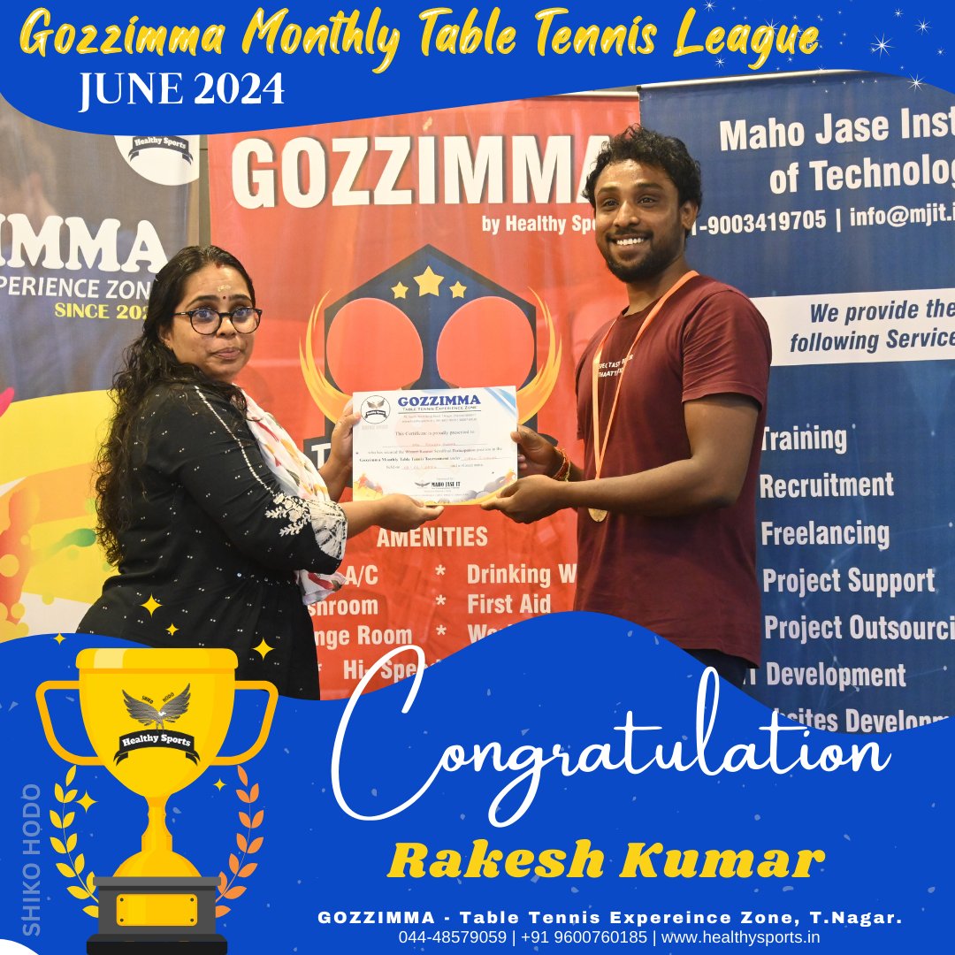gozzimma's tweet photo. 🏓 Fantastic effort, RAKESH KUMAR! Your sportsmanship and talent in the table tennis league match on Month of June were remarkable. 🎉
.
.
#TableTennisAce #Bravo #tabletennisteam #tabletennisclub #tabletennis🏓 #tabletennischallenge #gozzimma #gozzimmatournament https://t.co/ibqD9vM0hq