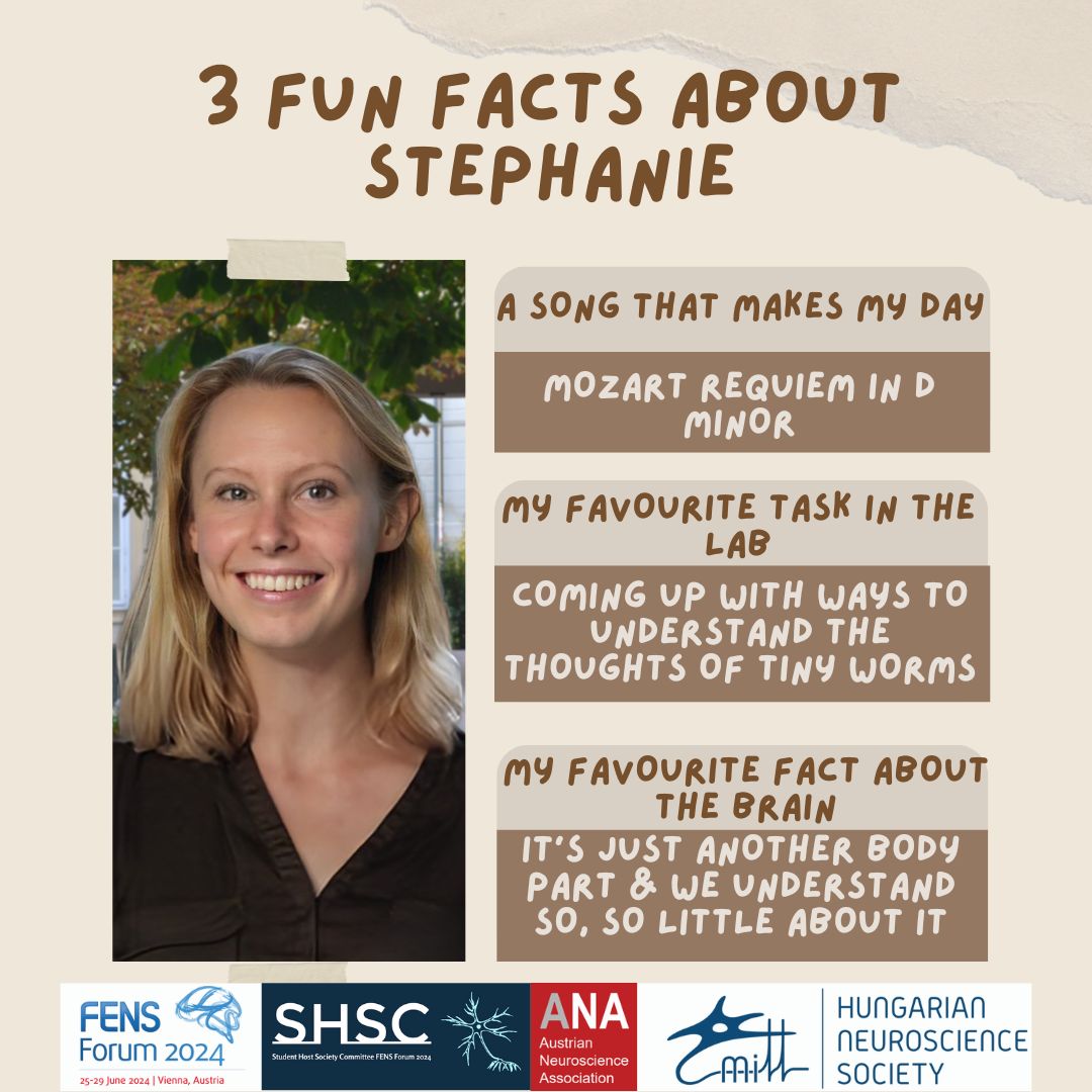 Meet Stephanie J. Eder, team #SHSC! 🌟

Stephanie <a href="/PepiEder/">Stephanie J. Eder</a> is a PhD student in the Zimmer Lab at the University of Vienna, Austria. She contributed to the content of our Vienna brochure, helping attendees navigate and enjoy the city during the FENS Forum 2024.