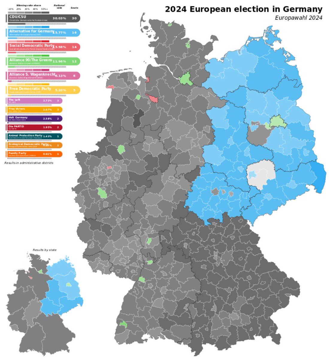 Si ves el mapa de cómo votaron en Alemania🇩🇪, puedes trazar las fronteras de las antiguas dos Alemanias. 

⚫️CDU/CSU (Democristianos centro-derecha)
🔵Afd (ultraderecha euroescéptica)