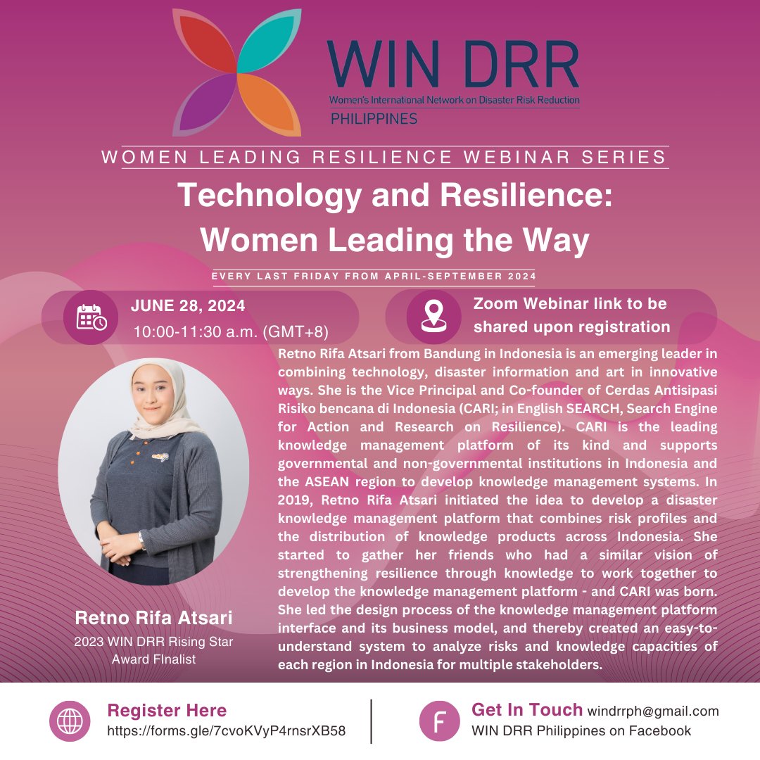ARISE_PH's tweet photo. Please join in on June 28, 2024, from 10:00-11:30am (GMT+8) for the 3rd episode of the Women Leading Resilience Webinar Series, presented by WINDRR. The theme is "Technology and Resilience: Women Leading the Way".
Please register
https://t.co/G7JOYiJEDp https://t.co/xi3tsUhNdG