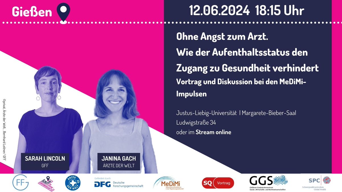 Die #GFFOnTour kommt nach #Gießen: GFF-Juristin <a href="/SarahAnnLincoln/">Sarah Lincoln</a> &amp; Janina Gach (<a href="/aerztederwelt/">Ärzte der Welt</a>) sprechen darüber, warum hunderttausende Menschen in Deutschland nicht #OhneAngstZumArzt gehen können &amp; was wir tun. Vor Ort &amp; online.
👉freiheitsrechte.org/ontour
youtube.com/live/-YziElvN6…